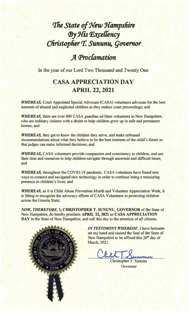 Gov. Sununu's CASA Appreciation Day Proclamation for 2021