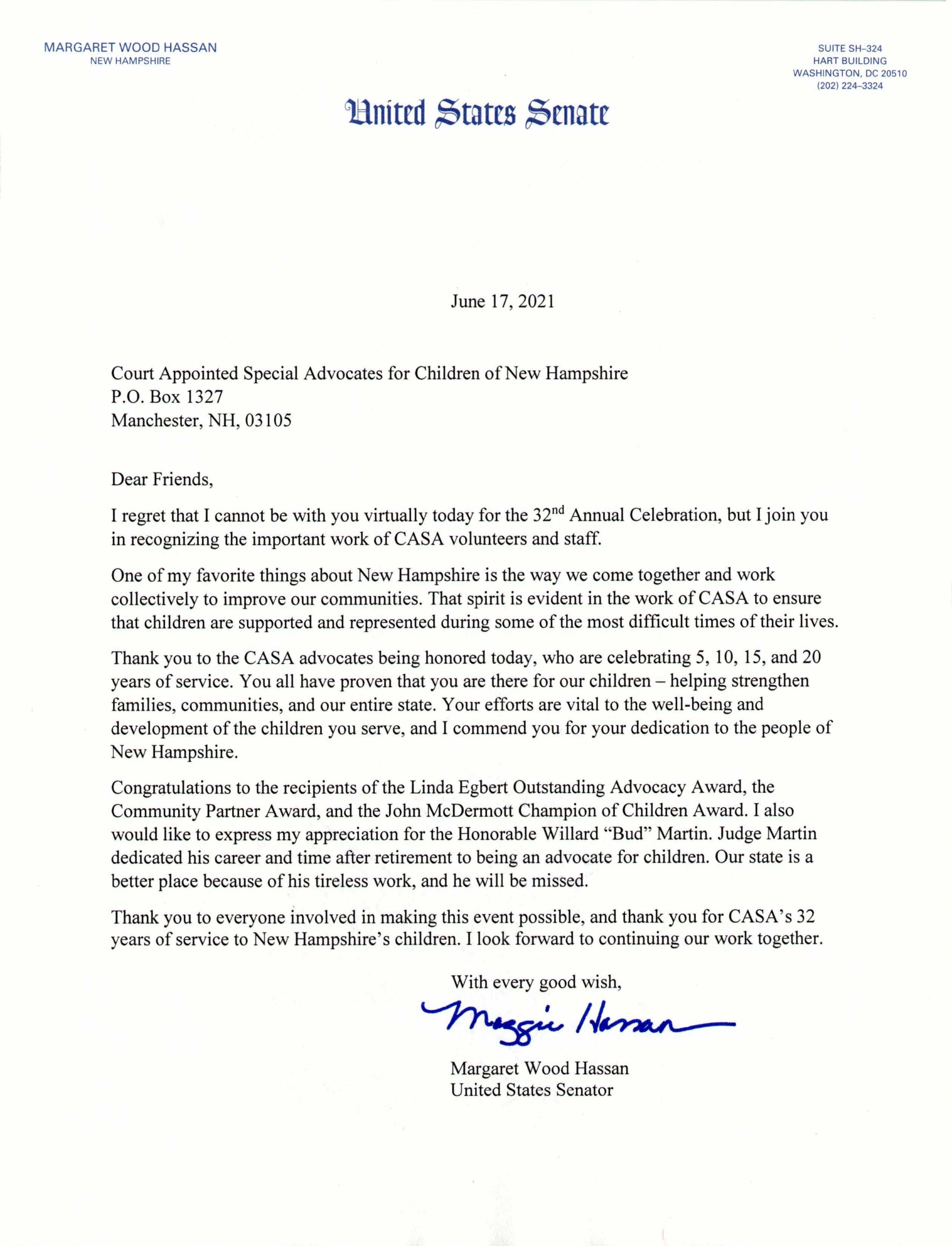 A letter from Sen. Maggie Hassan addressing the importance of CASA's role in New Hampshire.
